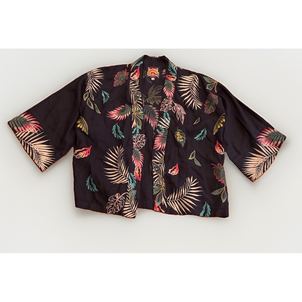 Johnny Was Kaluhi Linen Cropped Kimono Large Navy Embroidered 3/4 Wide Sleeve